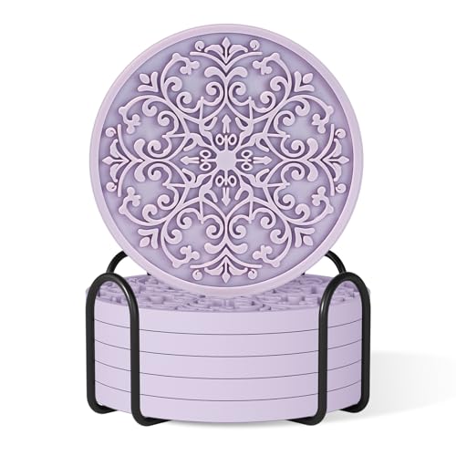 Drink Coasters, Coasters Set of 6 for Cup with Holder, Non-Slip Silicone Cup Mats for Hot and Cold Drinks, Cute Absorbent Coffee Bar Accessories Table Decor, Purple - color: Purple