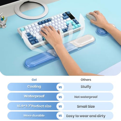 TECKNET Clear Gel Wrist Rest for Computer Keyboard, Ergonomic Gel Keyboard Wrist Rest Set for Typing Pain Relief, Comfortable Silicone Wrist Support Pad for Office/Computer/Laptop/Gaming, Blue