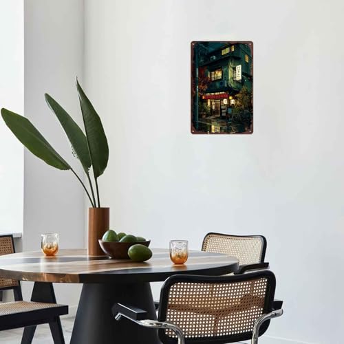 Pixel Japanese Street Scene at Night Night Scene Metal Sign 8x12 Inch, Funny Aluminum Wall Decorfor Home Living Room Bedroom Man Cave