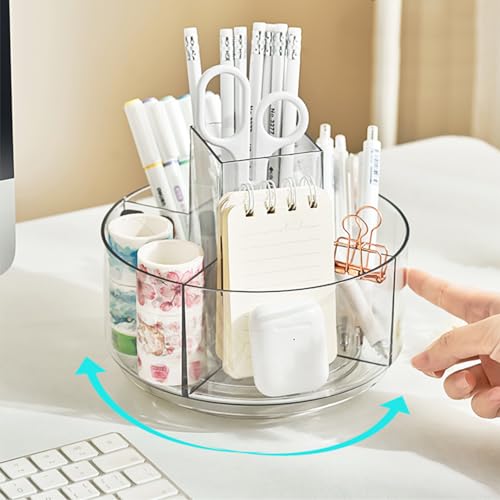 JIKIOU Acrylic Pen Holder, 360-Degree Rotating Pen Holder for Desk, Clear Desk Organizers and Accessories with 5 Compartments Pencil Organizer, Art Supply Storage Box Caddy for Office, Home