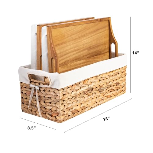 ROSSIE HOME Acacia Wood Bed Tray, Lap Desk - Set of Two - with Hyacinth Storage Basket - Natural - Fits up to 15.6 Inch Laptops - Style No. 70106 - color: Natural Acacia, size: 2-Pack with Basket