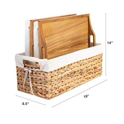 ROSSIE HOME Acacia Wood Bed Tray, Lap Desk - Set of Two - with Hyacinth Storage Basket - Natural - Fits up to 15.6 Inch Laptops - Style No. 70106 - color: Natural Acacia, size: 2-Pack with Basket