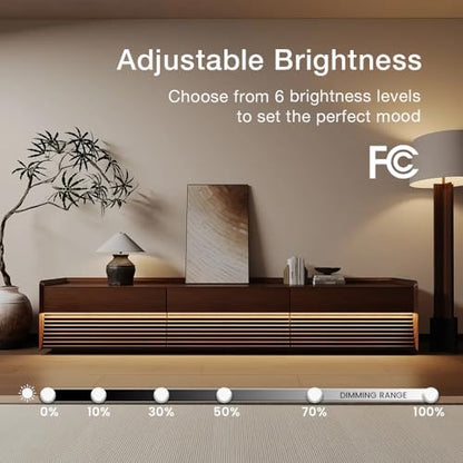 POVISON Fully-Assembled Mid Century Modern TV Stand, 94.49" Wood Media Console with Adjustable LED Light, Entertainment Center with Storage for Living Room