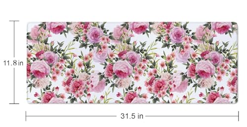 Floral Pattern with Roses Desk Mat Pink Large Extended Mouse Pad XL Desk Pad Gaming Mousepad Keyboard Mouse Mat for Computer Laptop 31.5''X11.8'' Non-Slip Rubber Base with Stitched Edges - color: Floral Pattern With Roses