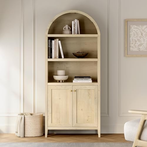 EYYTHUNG 71" Tall Arched Cabinet, 5-Tier Arched Bookcase Storage Display Cabinet with Doors and Shelves, Modern Farmhouse Bookshelf Kitchen Pantry Cabinet for Living Room Bedroom, Light Oak - color: Light Oak