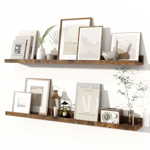 Fun Memories Picture Ledge Shelves Set of 2, 36 Inch Rustic Wall Mounted Floating Shelves with Lip for Home Storage and Décor in Bathroom, Kitchen, Nursery, Bedroom, Living Room, Brown - color: Brown, size: 36 inch, Set of 2