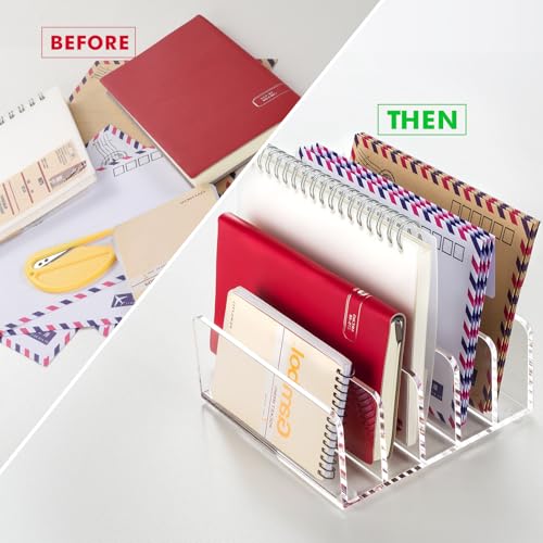 BEYGORM 2 Pack Acrylic Mail Holder, Clear Desk Organizer with Divider, Vertical Letter Sorter for Desktop, 5 Compartments Modern Office Home Envelope Organizer for Bill, Document, Notebook - size: Medium-2pack