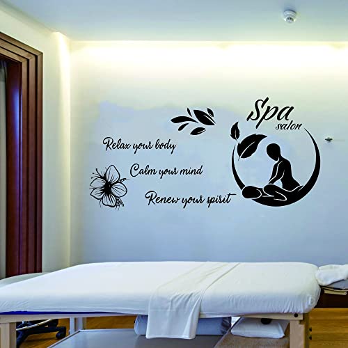 “Relax Your Mind, Body & Spirit” Wall Sticker 46"x23" – Removable PVC Decal for Spa, Sauna, Therapy Room or Beauty Salon – Uplifting Decor for Wellness Spaces (Black-JWH323-SPA)