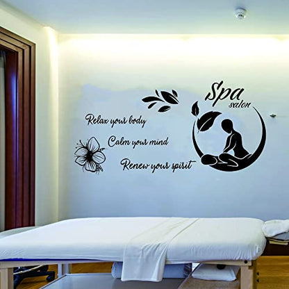 “Relax Your Mind, Body & Spirit” Wall Sticker 46"x23" – Removable PVC Decal for Spa, Sauna, Therapy Room or Beauty Salon – Uplifting Decor for Wellness Spaces (Black-JWH323-SPA)