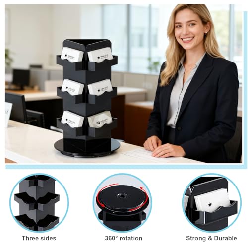 Pinkunn Black Rotating Display Stand, 3 Tier Acrylic Sticker Display Stand, Spinning Business Card Holder, Brochure Appointment Cards Rotating Holder for Office Home Vendors Desk, 5.9 x 9.8 Inch