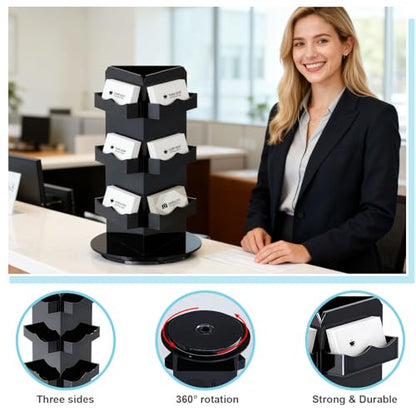 Pinkunn Black Rotating Display Stand, 3 Tier Acrylic Sticker Display Stand, Spinning Business Card Holder, Brochure Appointment Cards Rotating Holder for Office Home Vendors Desk, 5.9 x 9.8 Inch