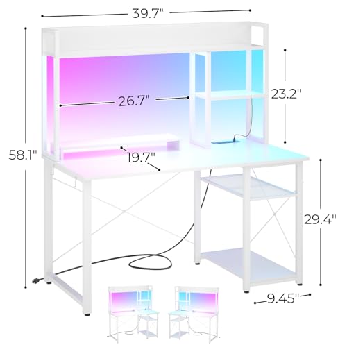 Cyclysio Gaming Desk with Hutch, 39'' Computer Desk with LED Lights & Power Outlets, Home Office Desk with Reversible 5 Tiers Storage Shelves & Monitor Stand, Small Gaming Table for Small Space, White - color: White, size: 39 inch