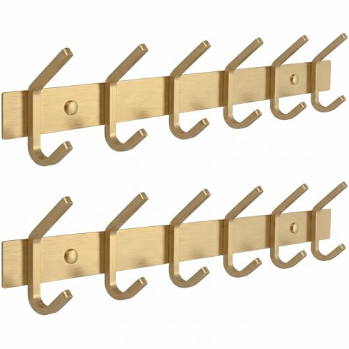 Brushed Gold Wall Mounted Coat Rack – 17 Inch Stainless Steel Rail with 6 Double Coat Hooks for Entryway, Bathroom, Bedroom, Kitchen – Modern Gold Hook Rack for Coats, Hats, Towels - 2 Pack - color: Gold, size: 6 Hooks - 2 Pack