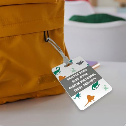 Personalized Dinosaur Luggage Tag / 2.75" x 4" Custom Prehistoric Bag Tag/Double Sided Durable Plastic Child Luggage Tag with Plastic Strap/Made in The USA - style: Dinosaur