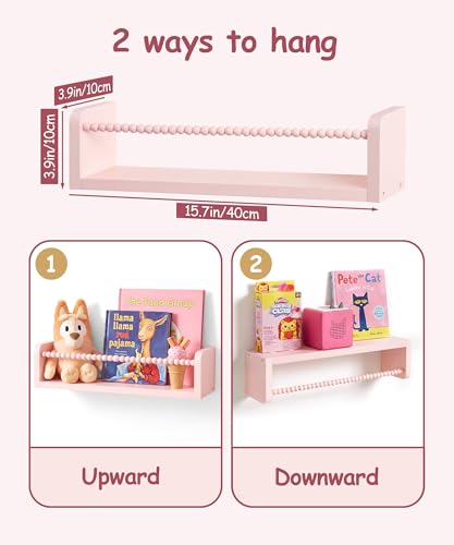 Nursery Book Shelves for Wall Set of 3, Pink Natural Wood Bookshelf Wall Decor, Small Floating Shelf Organizer for Kids Room, Bedroom, Kitchen Spice Rack - color: Pink, size: 16 inch