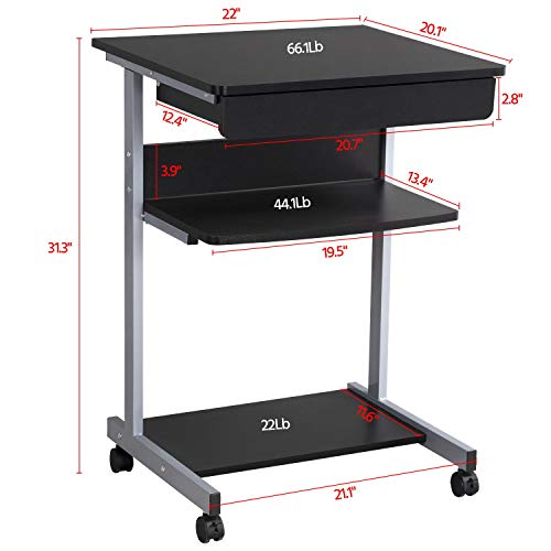 Yaheetech Mobile Computer Desk Cart, Small Rolling Laptop Desk PC Table Workstation with Drawer and Printer Shelf, Writing Desk Table for Small Space/Home Office - color: Black