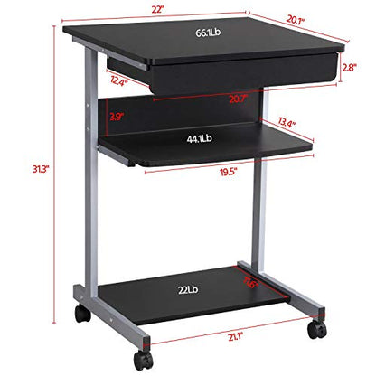 Yaheetech Mobile Computer Desk Cart, Small Rolling Laptop Desk PC Table Workstation with Drawer and Printer Shelf, Writing Desk Table for Small Space/Home Office - color: Black