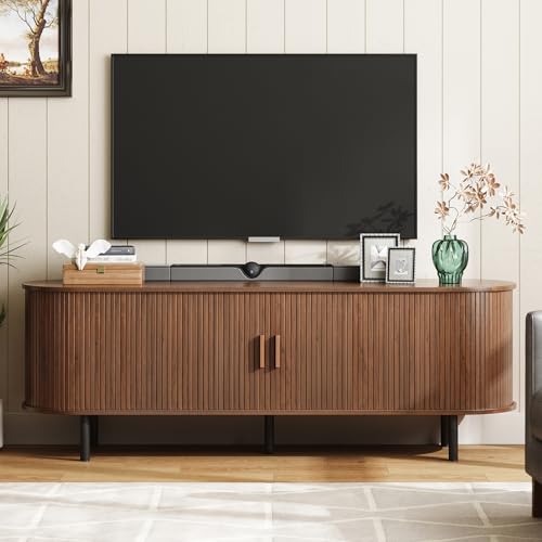 ONBRILL 63" TV Stand with Power Outlet for TVs up to 70 Inch, Entertainment Center with Storage and Adjustable Shelves, Modern Media Console with Sliding Doors for Living Room, Walnut - color: Walnut, size: 63 Inch
