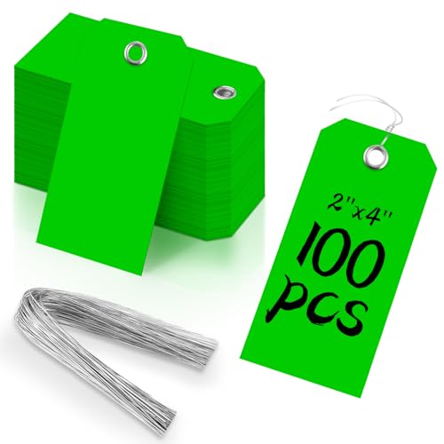 100 Pieces 2x4 inch Green Plastic Shipping Tags with Wires Heavy Duty Hang Tags with String Waterproof Labeling Tags with Reinforced for Gift Luggage Garage Inventory - color: Green