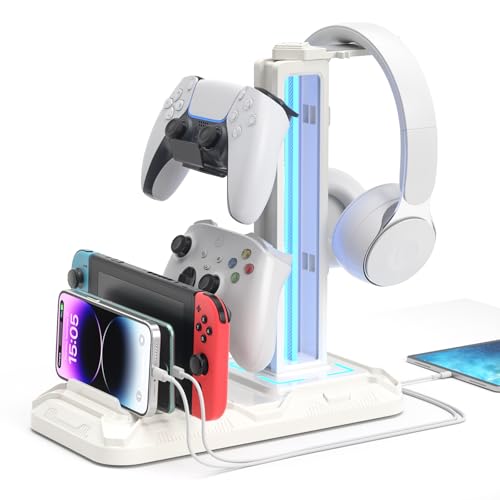 KDD Headset Stand with Charging Station - Detachable Controller Holder with 9 Light Modes - Rotatable Headphone Hanger with USB A&C Charger Ports - Earphone Hook for PC Gaming Accessories Storage - color: White