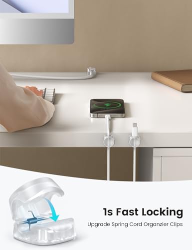12Pack Cord Organizer [1s Lock] Spring Cable Holder Clips - Lamicall Desk Cord Management Clips, [Smooth Adjustable] Phone Charger Cable, Adhesive Wire Keeper for Nightstand Wall Car Office - color: Transparent, size: 12Pack
