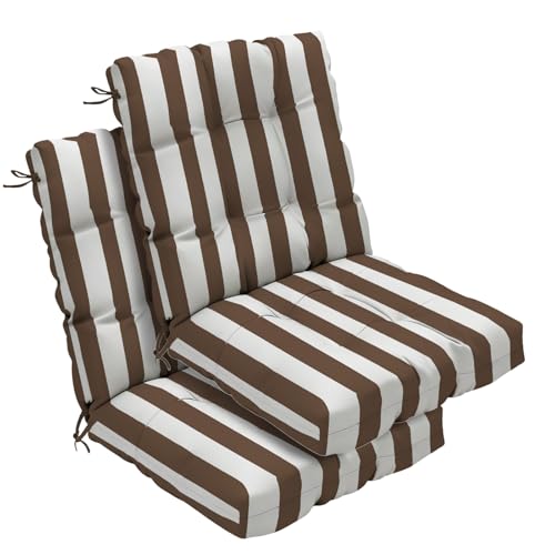 Outdoor Chair Cushions Set of 2, 42x21x4 Inch Patio Cushion for Dining/Rocking Chairs, High Back Soft Seat Pad, Indoor Outside Use, Fade-Resistant & Waterproof, Brown White Stripes - color: Brown White Stripes