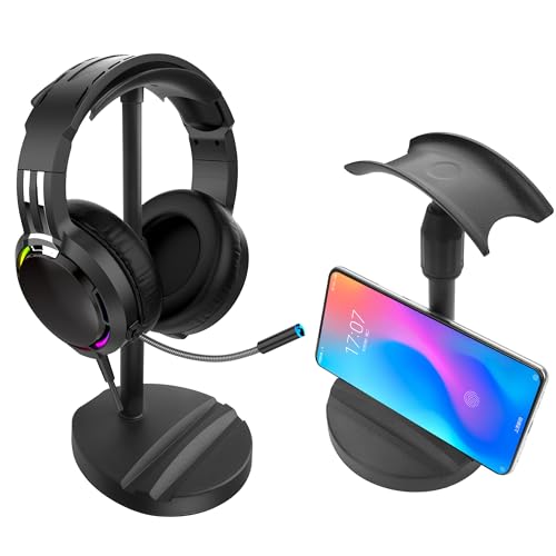 YAODHAOD Desktop Headphone Stand, Universal Headphone Holder with Phone Holder,Anti-Slip Base, for Desk, Office, Home Headphones Support Accessory (Black) - color: Black
