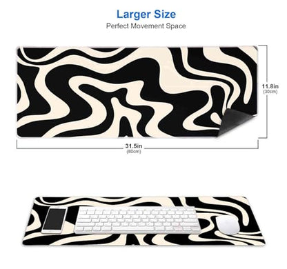 IMAYONDIA Black White Swirl DeskMat, Abstract Ink Liquid Waves Extended Gaming Mouse Pad Large, Retro Abstract Pattern Big Mouse Pad, Long Computer Keyboard Mouse Mat for Home Office Work 31.5x11.8