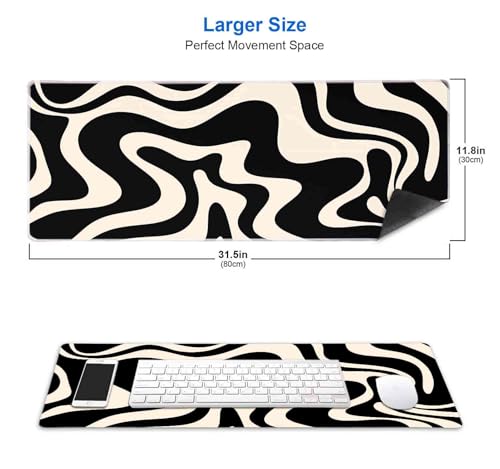 IMAYONDIA Black White Swirl DeskMat, Abstract Ink Liquid Waves Extended Gaming Mouse Pad Large, Retro Abstract Pattern Big Mouse Pad, Long Computer Keyboard Mouse Mat for Home Office Work 31.5x11.8
