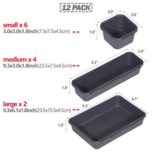 Set of 12 Interlocking Desk Drawer Organizer Tray Dividers Plastic Shallow Narrow Drawers Organizers Separators and Storage Bins Container for Kitchen Bathroom Makeup Office Vanity Bedroom Dresser - color: Black