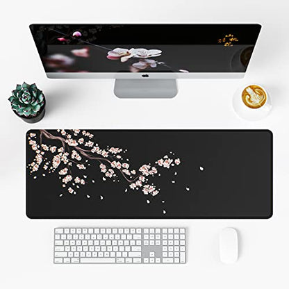 ETZ Japanese Plum Blossoms Black Mouse Pad (31.5 × 11.8 × 0.12 inch) Extended Large Mouse Mat Desk Pad, Stitched Edges Mousepad,Non-Slip Rubber Base,Gaming Mouse Pad XL. - color: Plum Blossom Mouse Pad-1