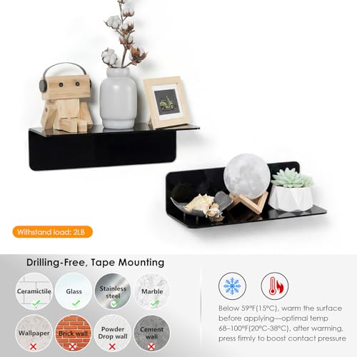 OAPRIRE Acrylic Floating Wall Shelves Set of 2, Damage-Free Expand Wall Space, Small Display Shelf for Smart Speaker/Action Figures with Cable Clips - color: Black