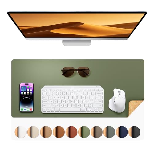 Aothia Dual-Sided Desk Mat - Natural Cork & Leather Desk Protector, Large Mouse Pad & Writing Pad for Office/Home, Olive Green (25.6"x13.7") - color: Olive Green+cork, size: 25.6" x 13.7"