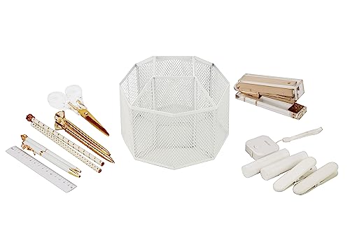 Annova Mesh Desk Organizer Rotate with 5 Compartments Spinning Tidy Candy/Pen Holder Office, Art Supply, Storage, Classroom, Home (White) - color: White