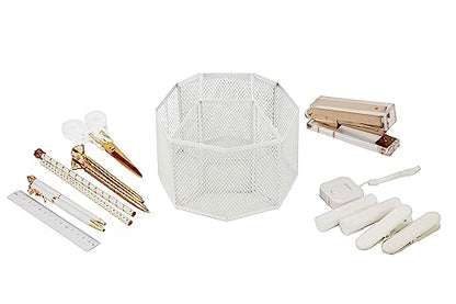Annova Mesh Desk Organizer Rotate with 5 Compartments Spinning Tidy Candy/Pen Holder Office, Art Supply, Storage, Classroom, Home (White) - color: White