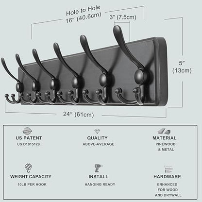 Dseap Coat Rack Wall Mounted - 24" Long 6 Tri Hooks, Heavy Duty Wooden Wall Coat Hanger Coat Hook for Clothes Hat Jacket Clothing, Black - color: Black, size: L=24"