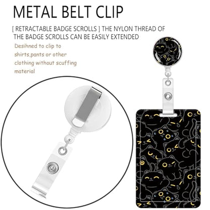 ID Badge Holder with Lanyard Fashionable ID Card Holders with Retractable Lanyards Soft Fiber Metal Clip Sturdy Buckle for Key Wallet Work Nurse Teacher (Cute Black Cat) - color: Cute Black Cat