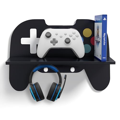 Game Room Decor Gaming Floating Shelf, Controller Wall Shelf with Hooks | Controller shaped wall shelf with hooks for headset, gamepad and collectibles; upgrades gaming setups with stylish storage - color: Black