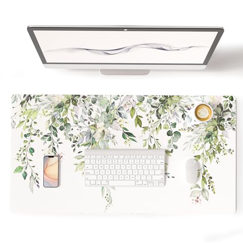 Colorful Star Large Mouse Pad, Green Leaves Waterproof Office Desk Mat, Non-Slip Gaming Mouse Pad, XXL PC Laptop Protector Pads, PU Leather Desk Writing Pads for Office Home, 31.5" x 15.7" - color: Eucalyptus Leaves, size: 31.5" x 15.7"