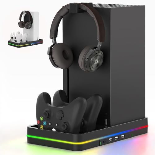 KEPLUG Dual Cooling Fan and Cooling Stand for Xbox Series X/S Console/Controller Dual Controller Charger Station with RGB LED Light & 3 USB Ports,Xbox Series x Accessories with 2 Headphone Hooks - color: Black