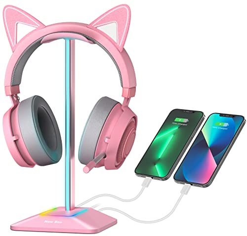 New Bee RGB Headphone Stand with 1 USB-C Charging Port and 1 USB Charging Port, Desk Headset Stand with 7 Light Modes and Non-Slip Rubber Base Suitable for All Earphone Accessories (Pink) - color: Pink