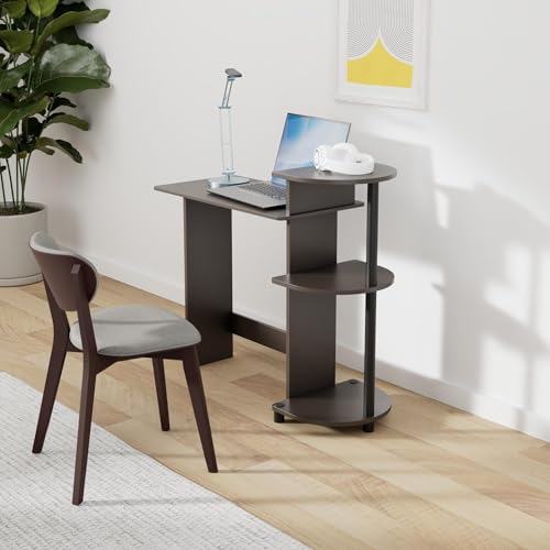 Furinno Compact Desk, 28.5" Wide Gaming Desk with Shelves, Computer Desk with Book Shelf, Office Desk for Home Office, Study Room, Dorm, Bedroom, Espresso - color: Espresso/Black, size: Round Side Shelf