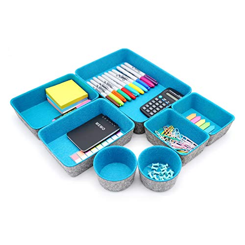 Welaxy Drawer organizers bins felt tray desk storage bins dividers small organizing box for office supplies closet cabinet makeup holder Fall room decor 7-piece (Turquoise) - color: Turquoise