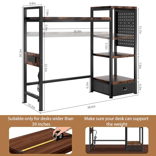 DreamDashio Desk Hutch with Shelves & Outlets, Desktop Bookshelf Organizer with RGB Lights, Storage Drawer & Pegboard, Anti‑Tip Strap for Gaming/Office/Dorm