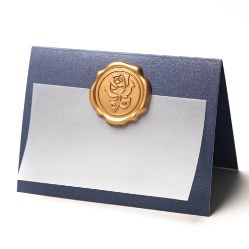 25 Pack Name Cards for Table Setting, Printable Place Cards with Antique Gold Rose Wax Seal Sticker for Wedding, Table Tent Card Stock Decor for Party, Dinner, Home (Pearlized Navy Blue) - color: Pearlized Navy Blue