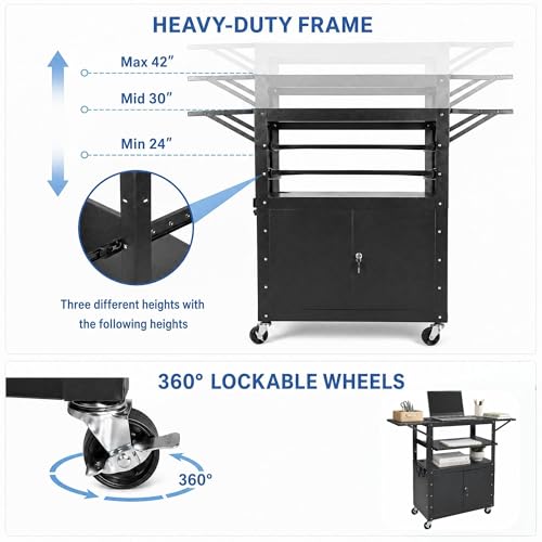 Adjustable Height AV Media Cart, 24-42 Inch Mobile Stand with Locking Storage, Extended Tray Organizer, Cable Management Wheels, for Home Office School - size: With extension frame