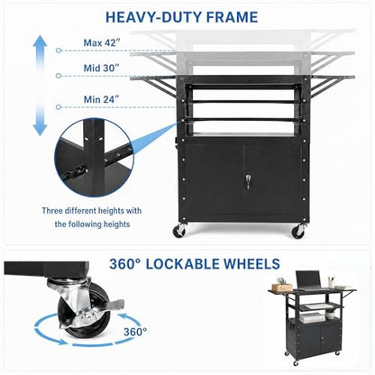 Adjustable Height AV Media Cart, 24-42 Inch Mobile Stand with Locking Storage, Extended Tray Organizer, Cable Management Wheels, for Home Office School - size: With extension frame