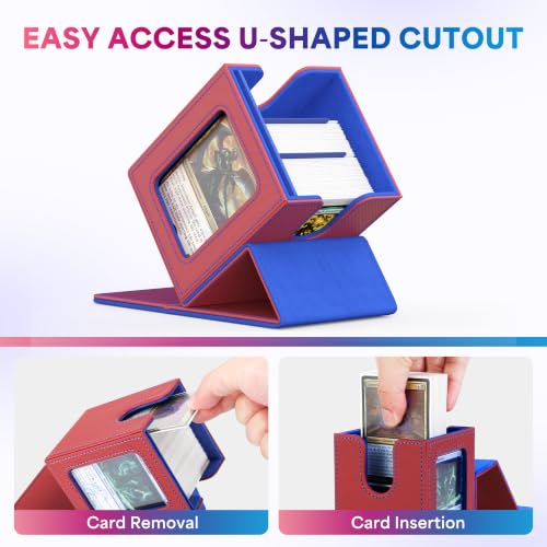 UAONO Card Deck Box for MTG Commander, Independent Commander Display, Fits 100 Double-Sleeved Cards, Magnetic Deck Case for Magic the Gathering TCG, 2 Dividers & 1 Top Loader (Red/Blue) - color: A-Red&Blue