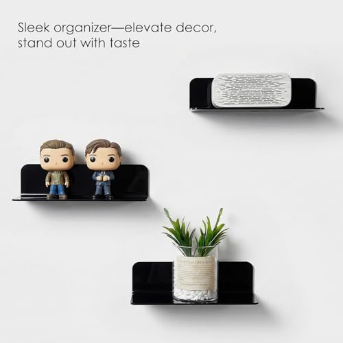 OAPRIRE Acrylic Floating Wall Shelves Set of 2, Damage-Free Expand Wall Space, Small Display Shelf for Smart Speaker/Action Figures with Cable Clips - color: Black