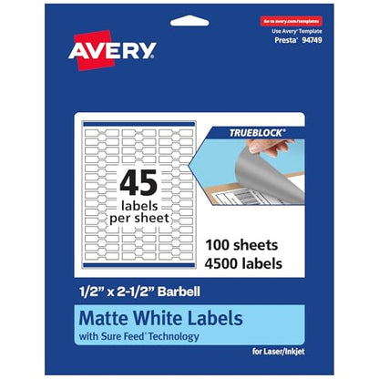 Avery TrueBlock Matte White Barbell Labels, Sure Feed Technology, 0.5" x 2.5", 4,500 Matte White Labels, Laser/Inkjet Printable, Great for Jewelry and Product Merchandising - style: 4,500 labels
